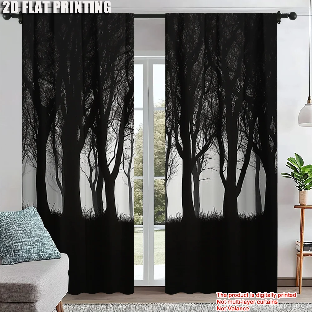 

2Pcs Mysterious Black Forest Pine Tree Window Curtains Dark Gothic Rod Pocket Window Drapes For Bedroom Living Room Dining Room