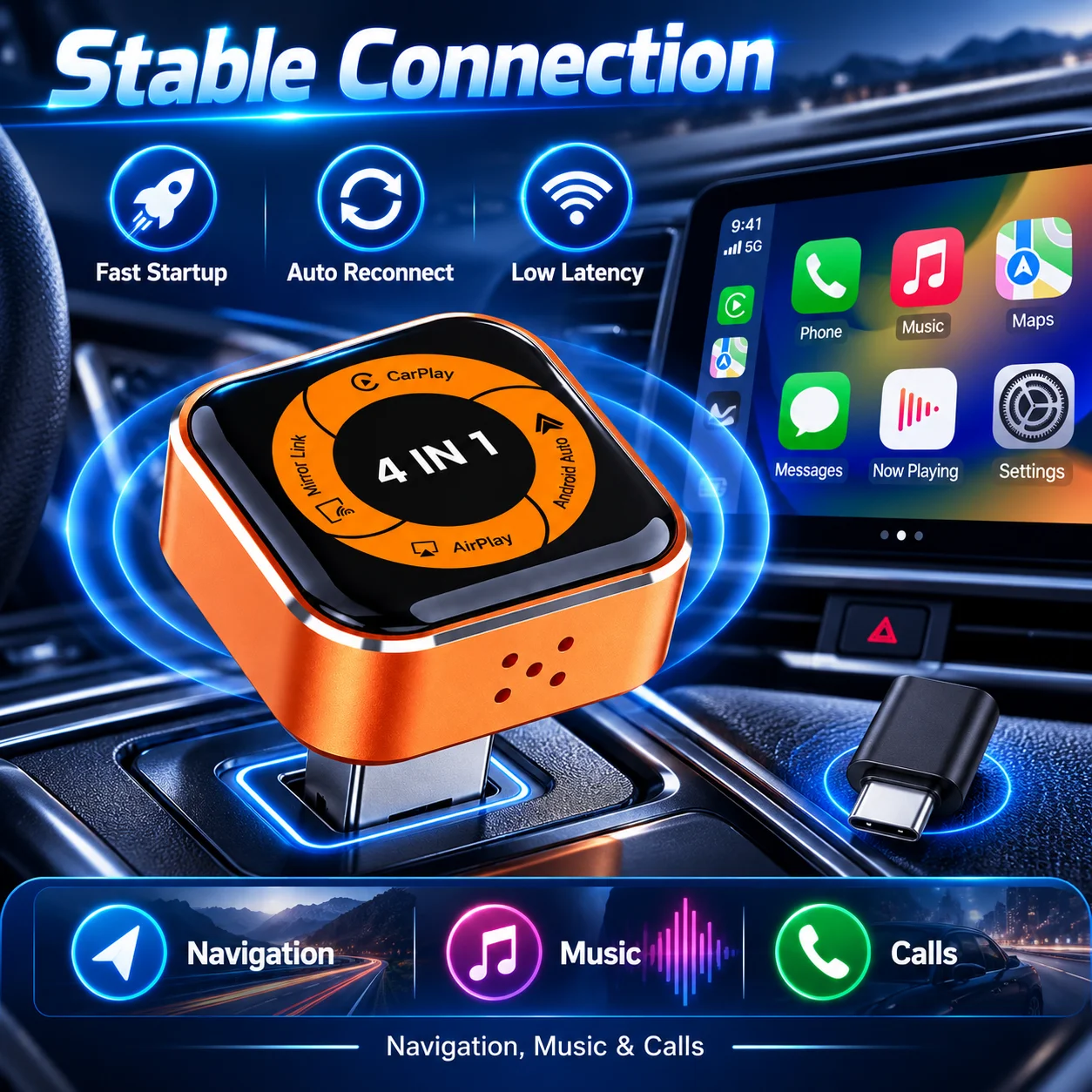 2026 New 4 in 1 Wireless CarPlay Adapter of Apple CarPlay, Android Auto, AirPlay and MirrorLink Screen Mirroring Functions