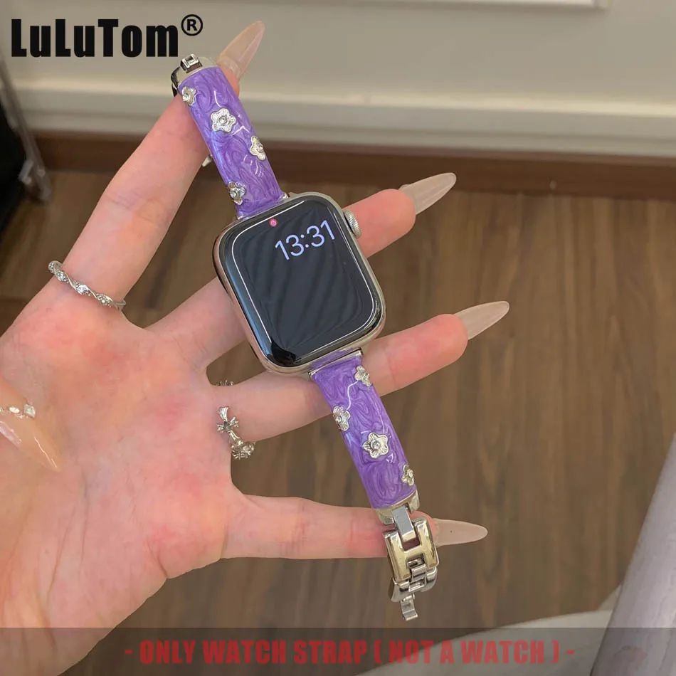 

Роскошный ремешок с французскими металлическими цветами для Apple Watch Band Series 10, 9, 8, 7, 6, SE 5 4, браслет Ultra iwatch 46/49/45/44/42/41/40/38 мм