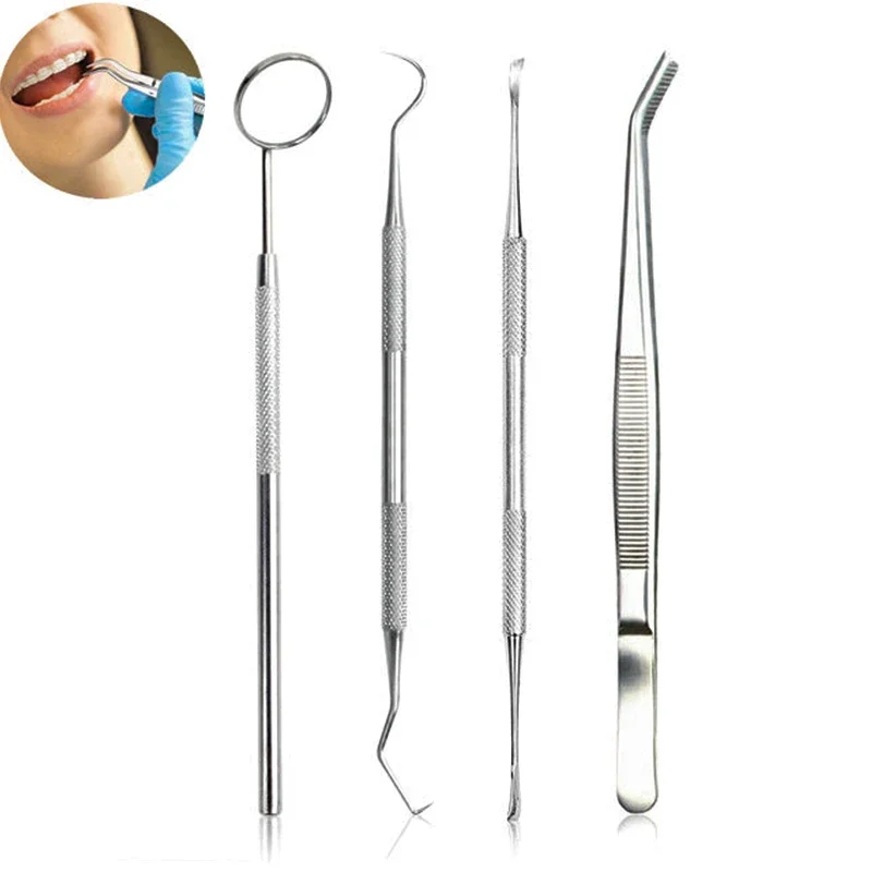 4Pcs/set Dental Mouth Mirror Kit Tooth Cleaning Kit Probe Hook Pick Tweezer Dental Pick Dentist Prepare Tool