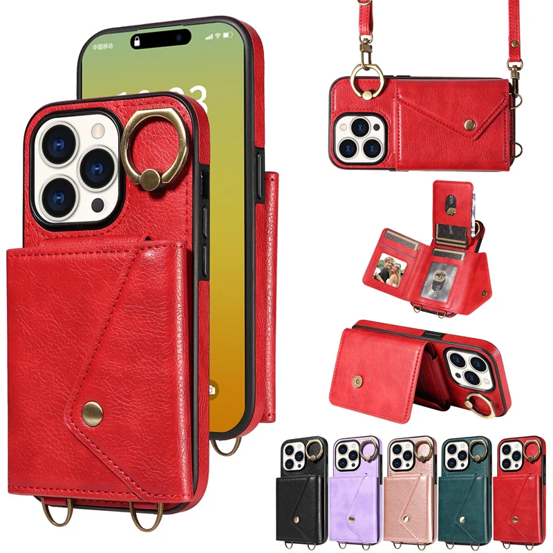 

Flip Ring Holder Leather Case for iPhone 12 11 13 14plus 15 ProMax XSMax X XR 8 7 Plus Multi Card Slot Wallet Cover