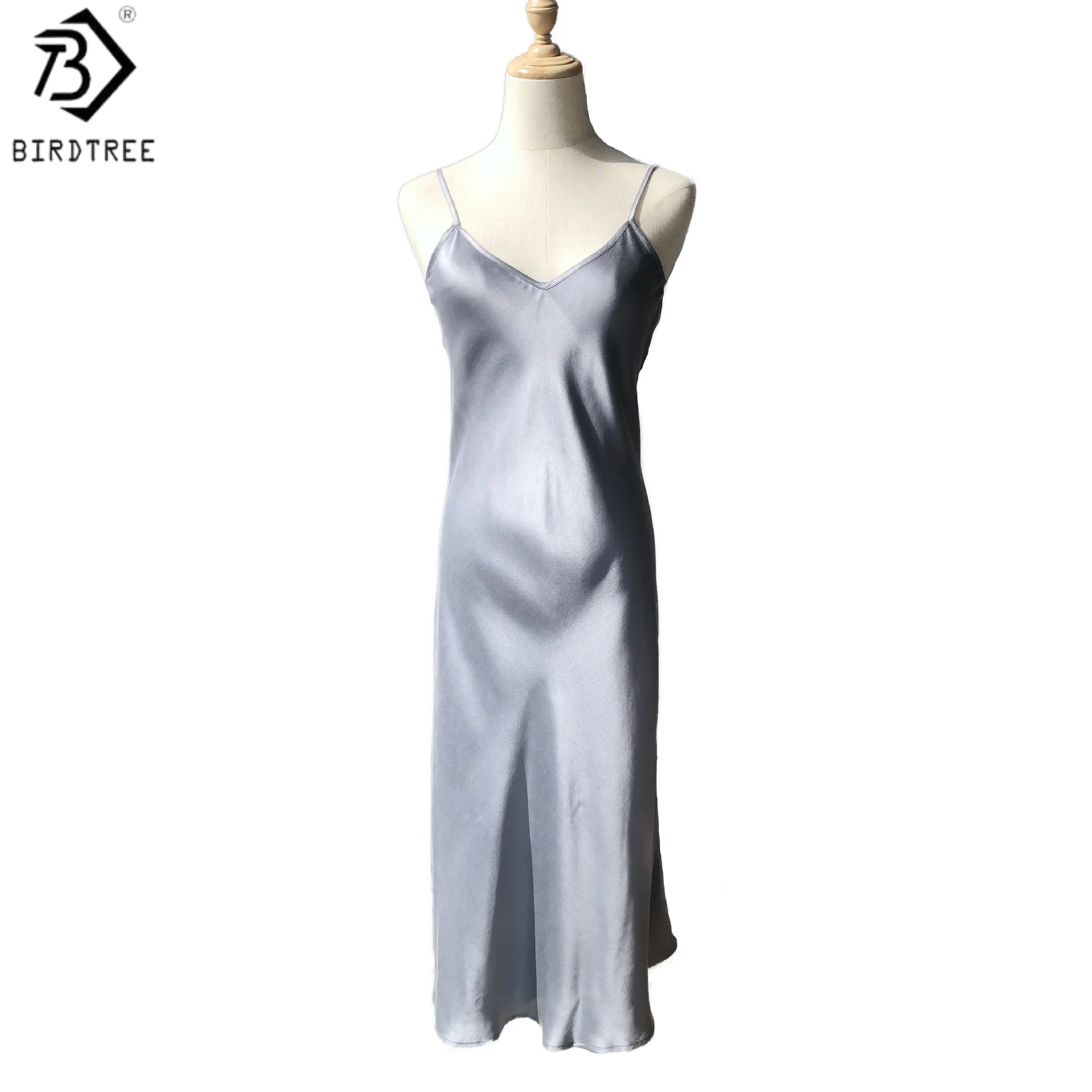 BirdTree 20MM 100% soie de mûrier gris violet robe, femme sable lavage plaine Satin sans manches col en v robes, 2025 nouveau D57926JF