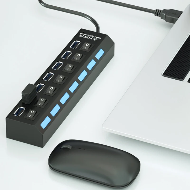 1 hub USB à 7 ports – Extenseur d'adaptateur haute vitesse avec conception portable, séparateurs de commutateur USB pratiques pour ordinateurs et ordinateurs portables