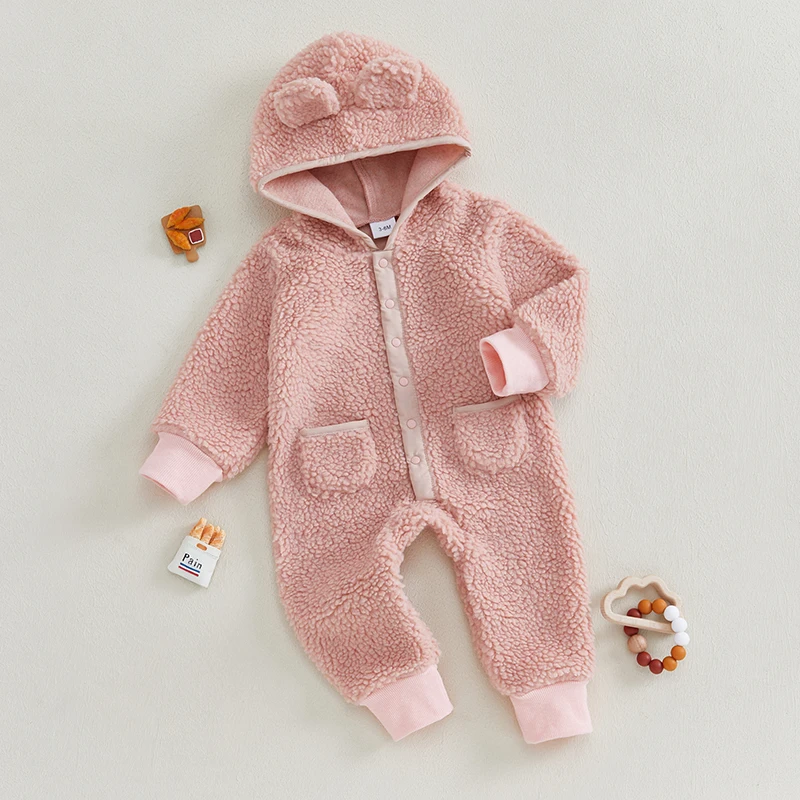 Baby Boy Girl Fleece Romper Hooded Long Sleeve Full Length Sweatshirt Jumpsuit Warm Outerwear