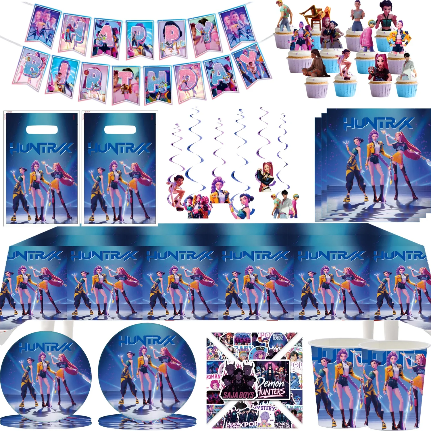 

173/176pcs Demon Hunter Kpop Birthday Set Kpop Demon Hunters Birthday Decoration Kit Tablecloth cup Plate Gift Bag Party Favors
