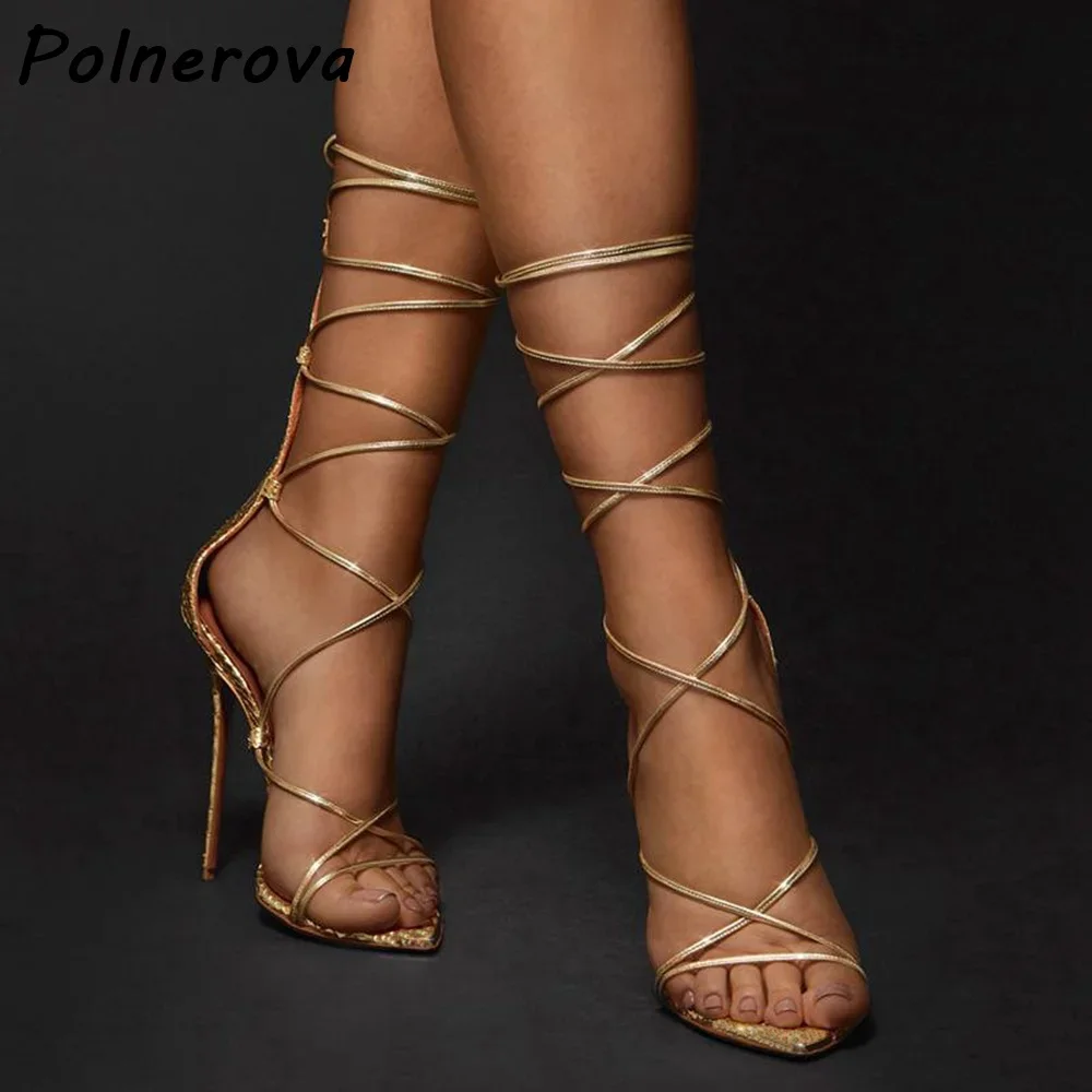 Gold Snakeskin Sandals Cross Tied Pointy Toe Thin Heels Straight Strap Shoes Roman Style Women's Fashion Summer Sexy Shoes