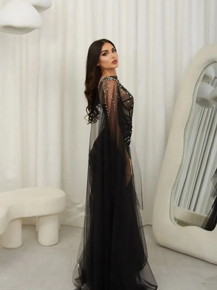 LAYXHS فساتين سهرة رسمية أنيقة سوداء برقبة دائرية من التل حورية البحر مطرز بطيات فساتين لحضور الحفلات الموسيقية مخصصة Fساتين Sheer