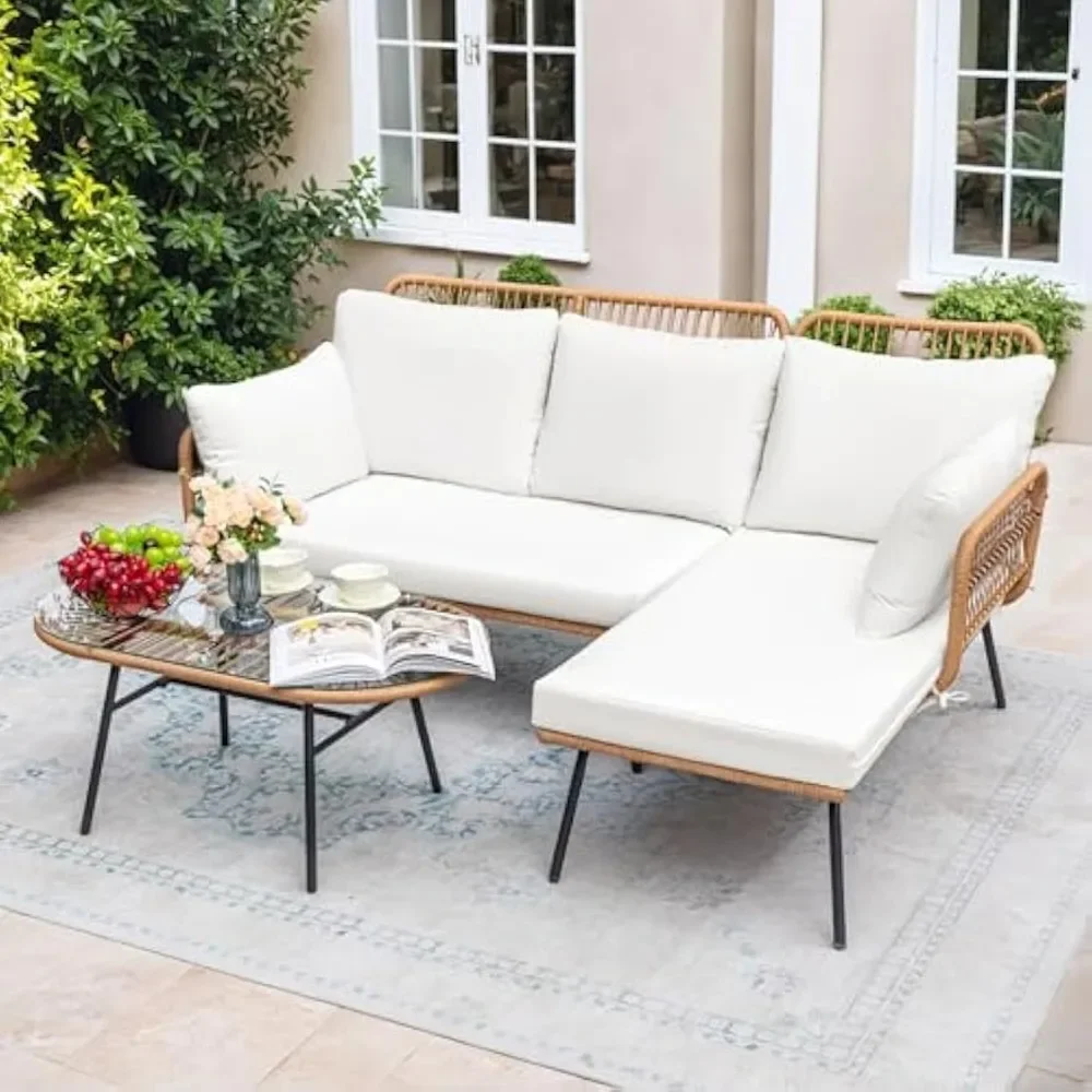 Outdoor Rope Woven Patio Furniture L-Shaped Conversation Sectional Sofa Set Detachable Lounger with Thick Cushions & Long Table