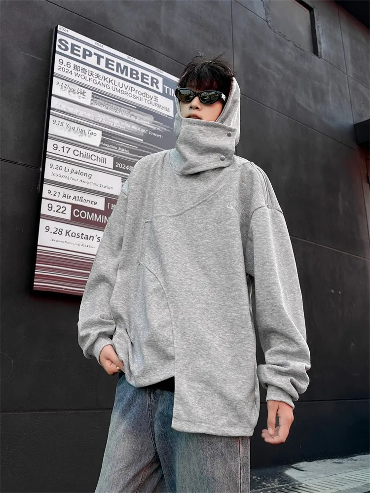 

American Sle Heavyweight Hoodie Men's Deconstructed High Collar Couple ey Casual Top Functional Faion Brand Jaet