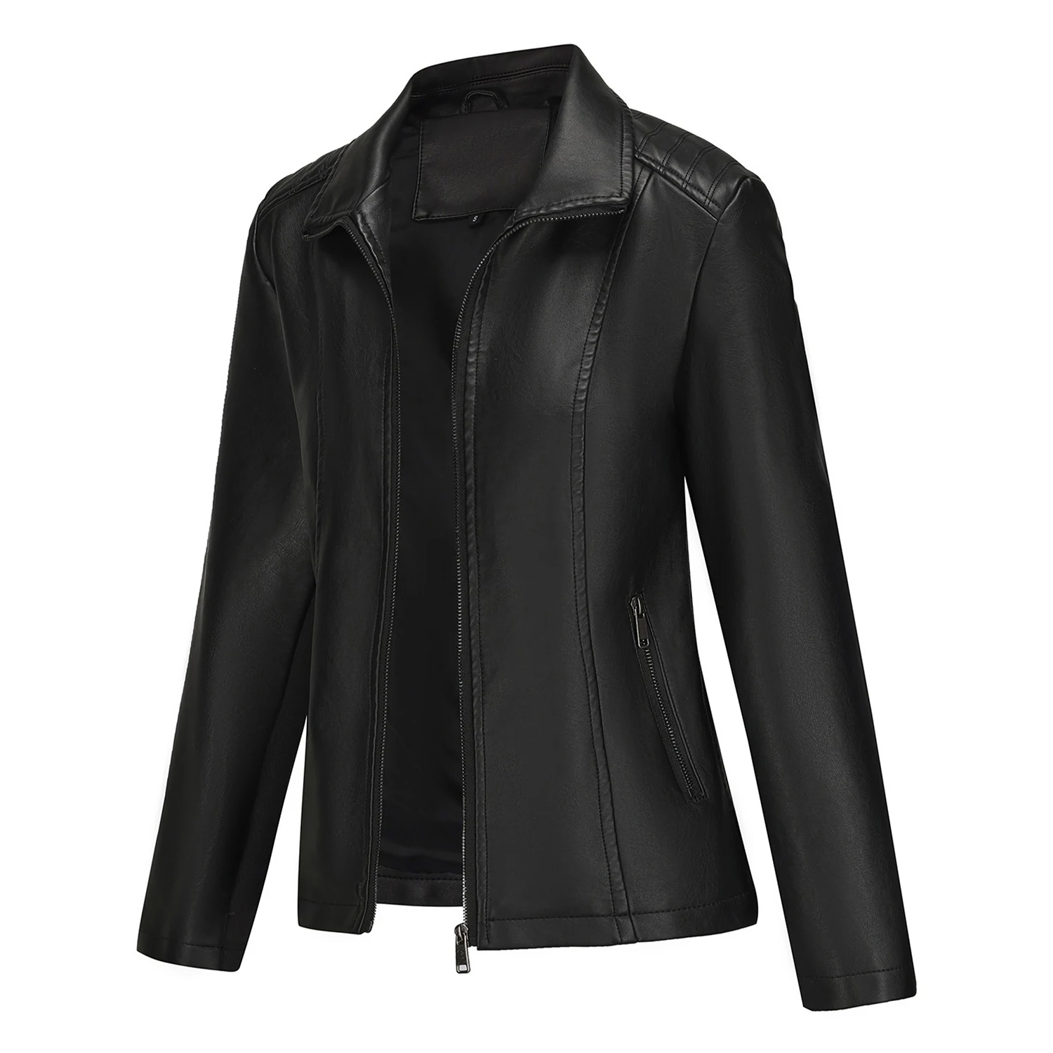 Faux Leather Jacket for Women Turn Down Collar Coat Slim Fit Black Casual Biker Coat with Pockets Spring Autumn Outerwear
