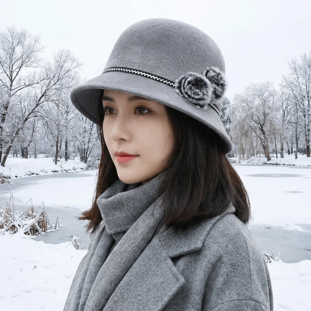 Fashion Imitation Fur Topper Hat Solid Color French Style Fisherman Hat Plush Ball Hepburn Woolen Bucket Hat Lady