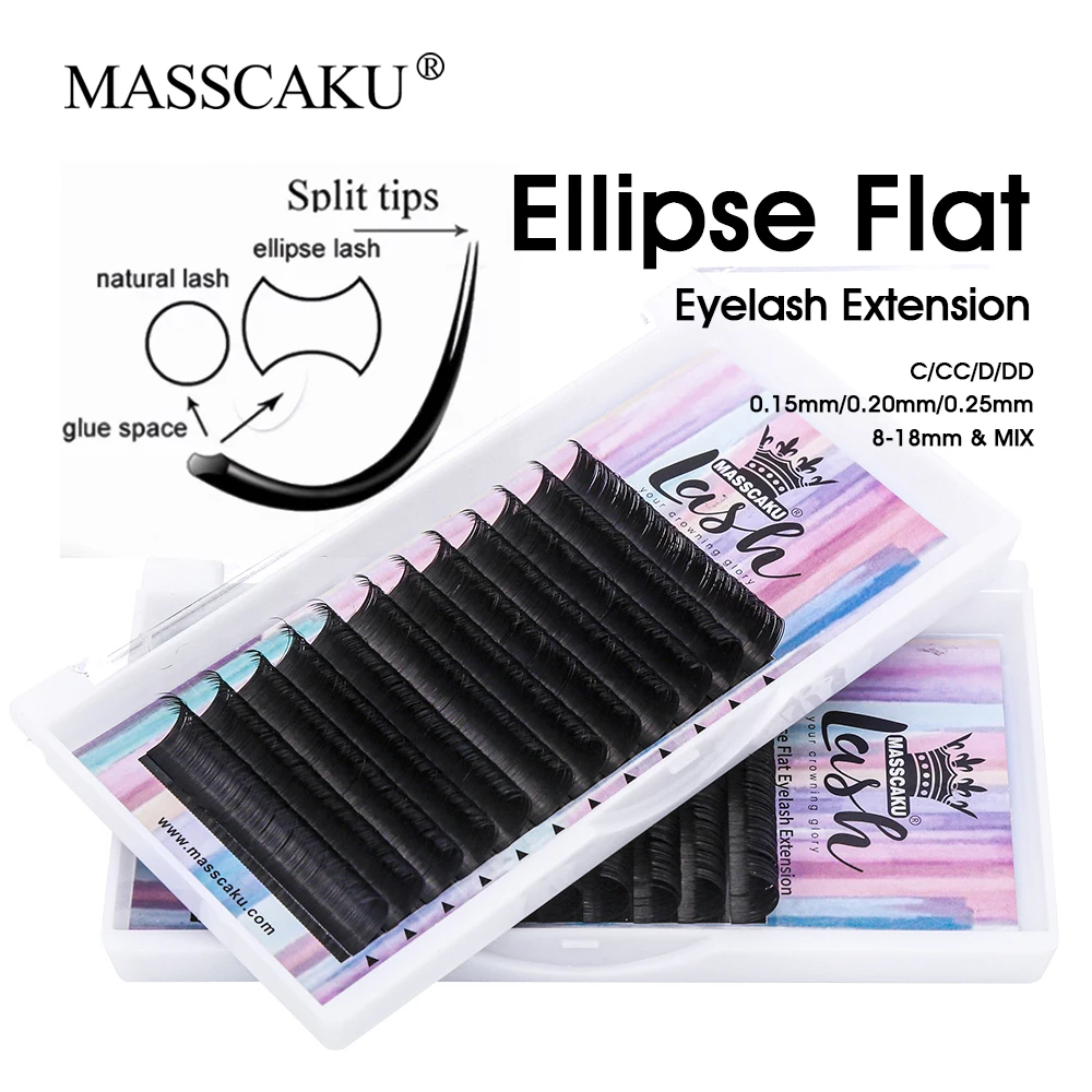 

MASSCAKU Soft Natural Lightweight Two Split Tips Shaped Lashes 0.15mm 0.20mm Matte Dark Black Ellipse Flat Eyelash Extensions