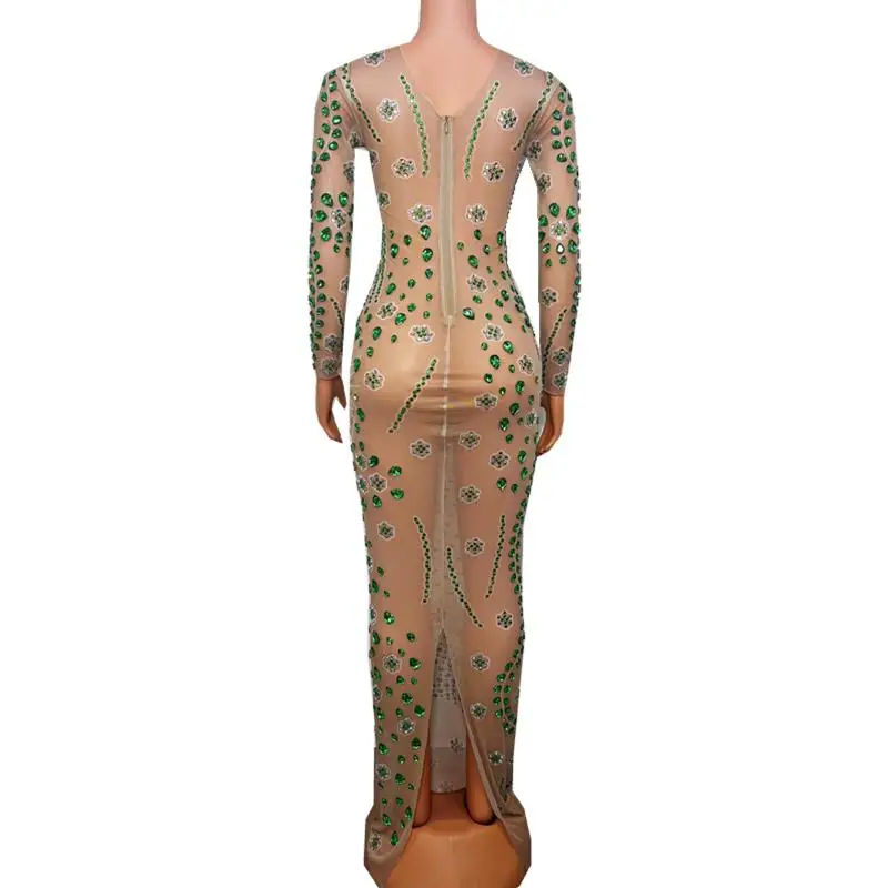 Evening Party Singer Model Host Ball Gown Catwalk Stage Costume Mesh Printed Green Rhinestones Long Dress Luxury See Through