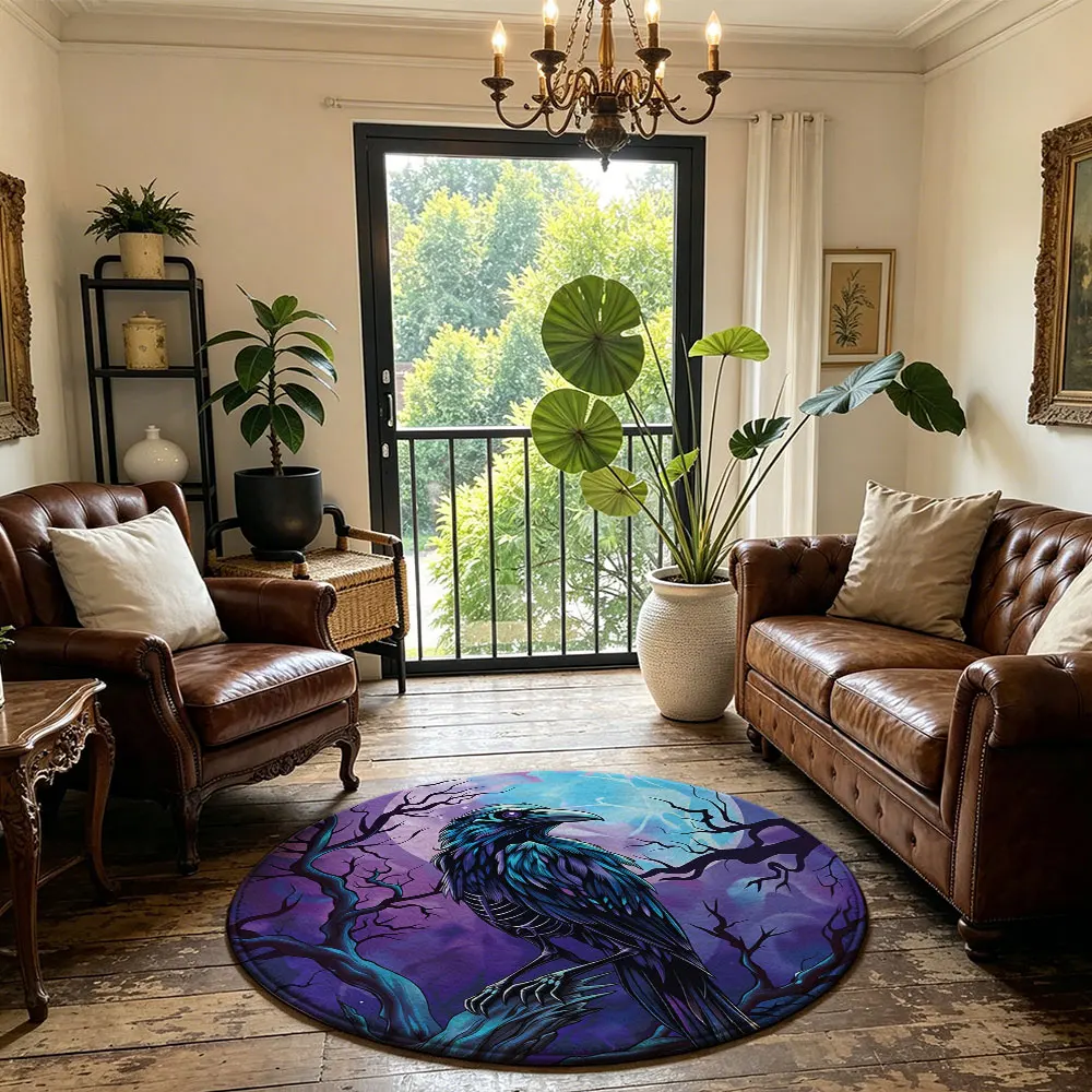1pc night-time crow round moon-shaped floor mat living room sofa featuring tufted leaf washable home decoration