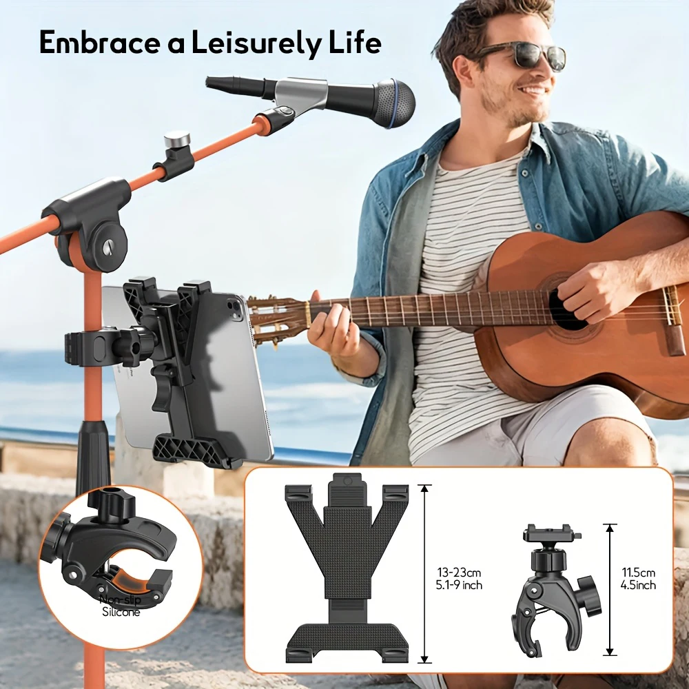 Tablet Holder for Microphone Stand with Handlebar Clamp Adjustable Mount for Live Streaming Bike Stroller Work for 7-11” Device