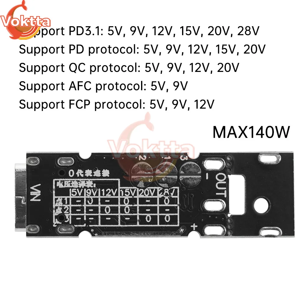 140w 5a usb tipo-c para dc qc pd placa de alimentação de carregamento rápido chamariz 28v 20v 15v 12v 9v 5v suporte de gatilho de tensão pd3.1 pd qc afc fcp