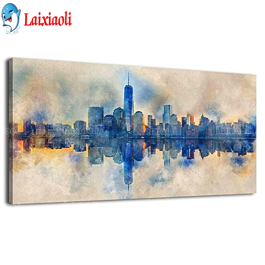 New York Skyline Water Reflection Diy square round drill diamond Painting abstract Landscape cross-stitch embroidery puzzle Gift