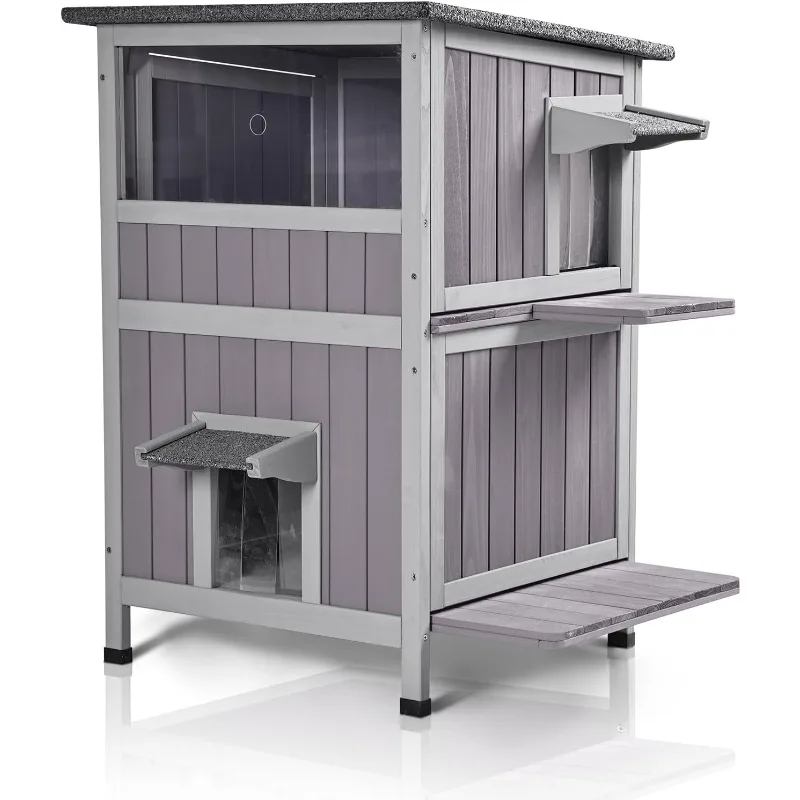 Cat House Outdoor Weatheproof Feral Cat Shelter Wooden Cat Condos for Winter with Escape Doors