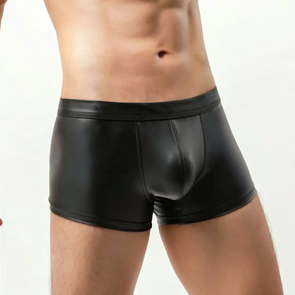 Mens Patent Leather Boxer Shorts Low Rise Underwear Sexy Metallic Glow Trunks Breathable Fashion Underpants For Neiyiiku