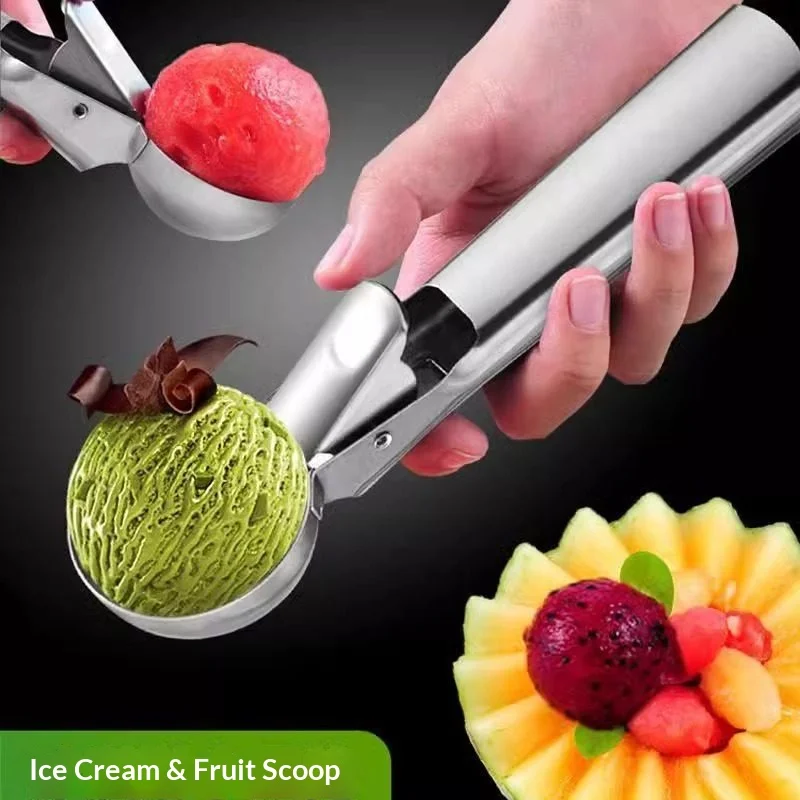Cuchara de Acero Inoxidable para Helado con Gatillo de Fácil Liberación, Cuchara Multifuncional para Bolas de Fruta, Cuchara para Sandía y Melón para el Hogar