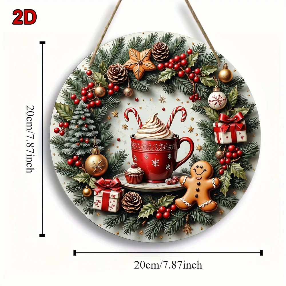 Ein flacher 2D-Weihnachtskranz im Retro-Stil, rundes Holzschild, mit Lebkuchenmann und heißem Kakaobecher, für eine festliche Heimdekoration