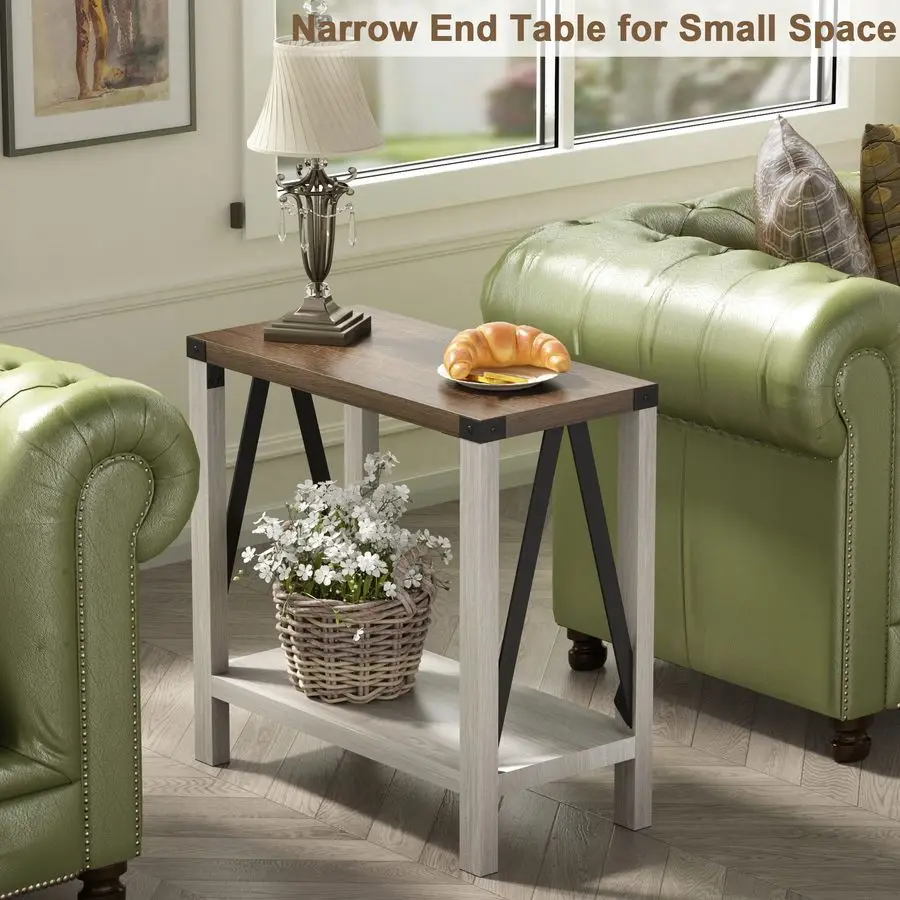 طاولة نهاية المزرعة للمساحات الصغيرة، طاولة جانبية ضيقة مع رف تخزين، طاولة أريكة منضدة بتصميم ريفي للمعيشة #3