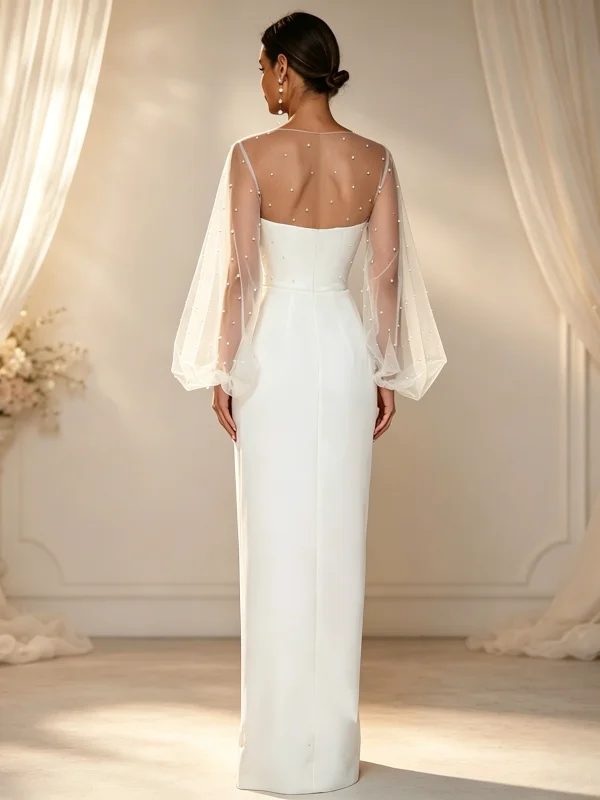 Spring Summer New Pearl Netting See-through Lace Outerwear Bridal Gown White Lantern Sleeve Shawl Shoulder Cover up Women
