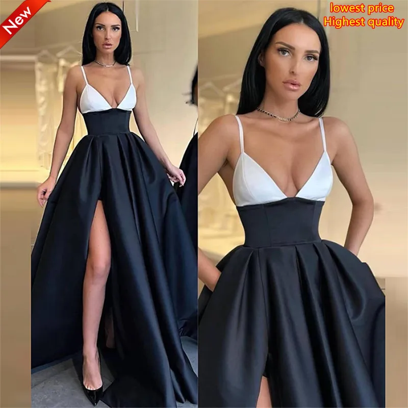 

2025 Floor Length Satin Formal Wear Robe Spaghetti Style Sexy High Split A Line Prom Dresses White And Dark Navy Evening Gowns