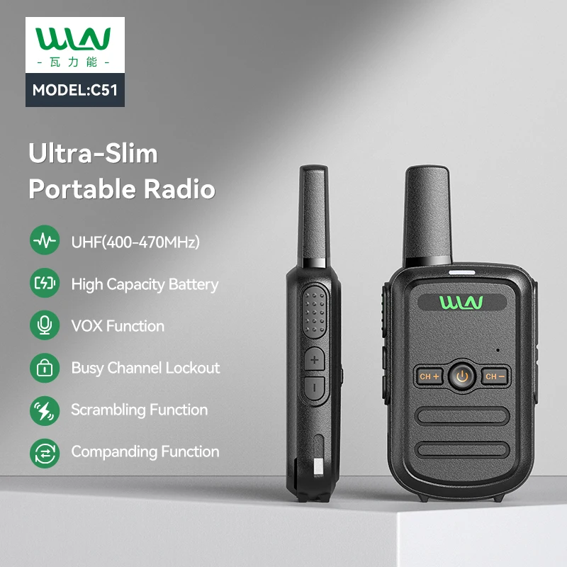 WLN KD-C51 Mini Walkie Talkie UHF 400-470MHz 16CH USB Charging Long Range Portable Handheld Two Way Radio UHF Transceiver KDC51