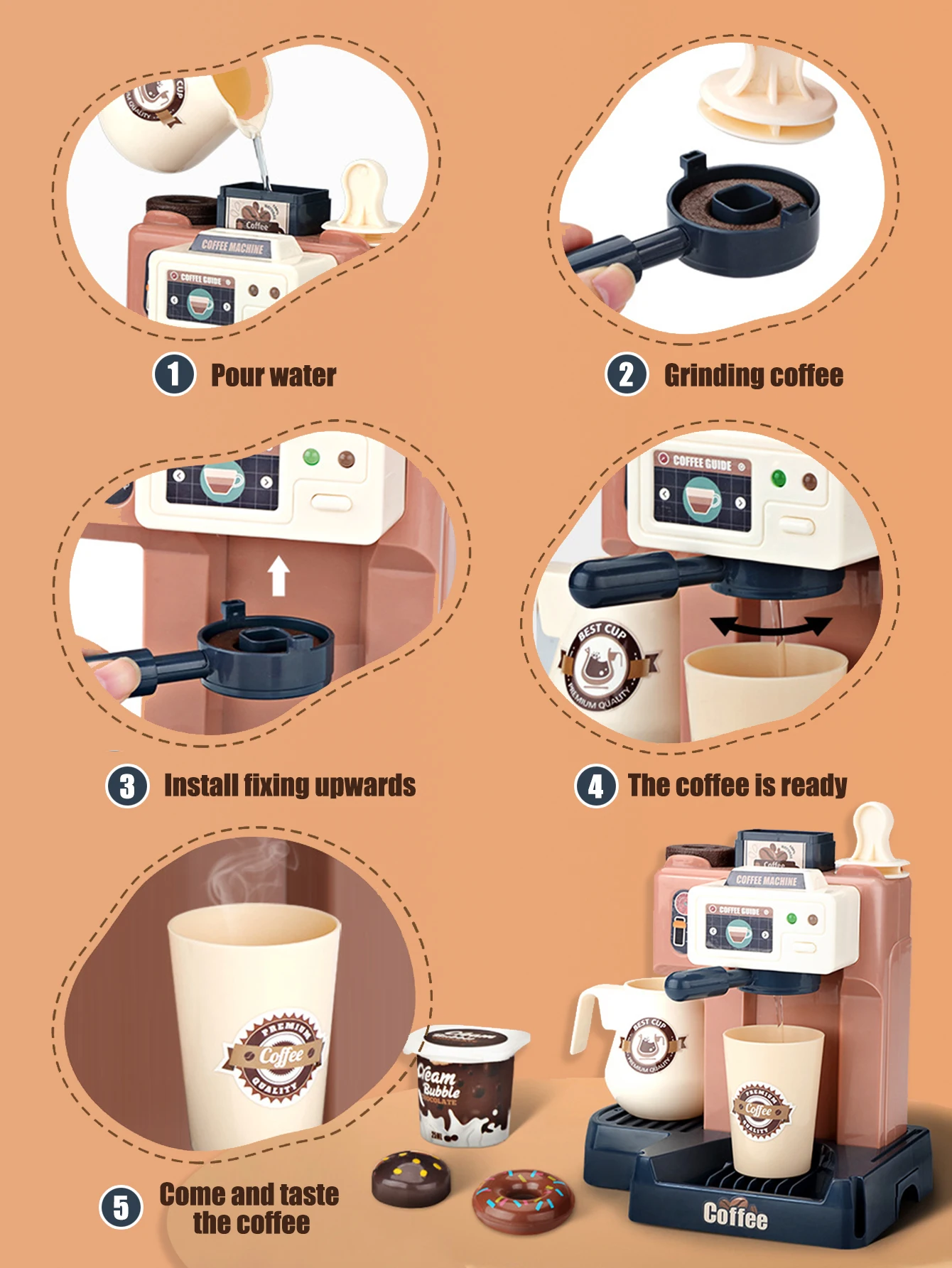 41-częściowy zestaw ekspresu do kawy dla dzieci 3w1, udawanie robienia kawy ze światłem i dźwiękiem, ręczny wylot wody, zabawki do odgrywania ról, prezent dla chłopców i dziewczynek