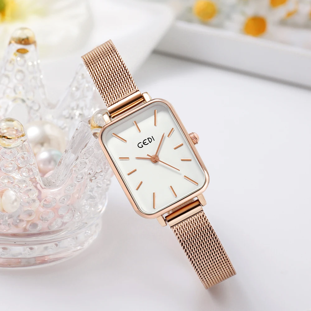 

GEDI Minimalist Rectangular Quartz Wrist Watch for Women Milanese Steel Strap Rose Gold Waterproof Ladies Fashion Watches Clock