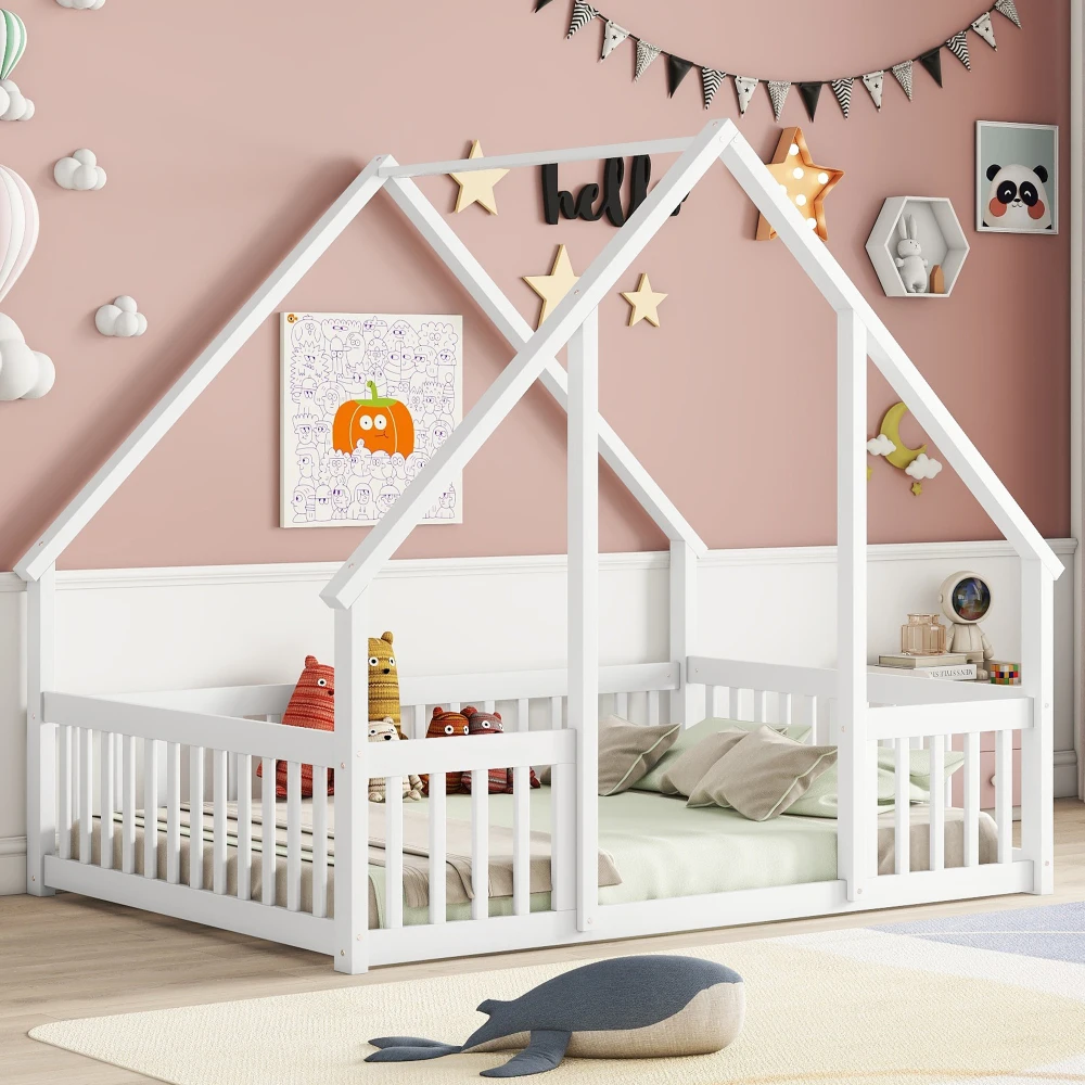 Full Wood House-Shaped Floor Bed With Fence, Guardrails,White