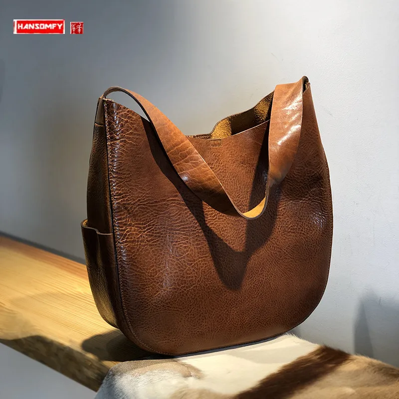 

Retro Thick Leather Vegetable Tanning Leather Women's Handbags Simple Genuine Leather Bag Shoulder Bag Women's Tote Bag Big Bags