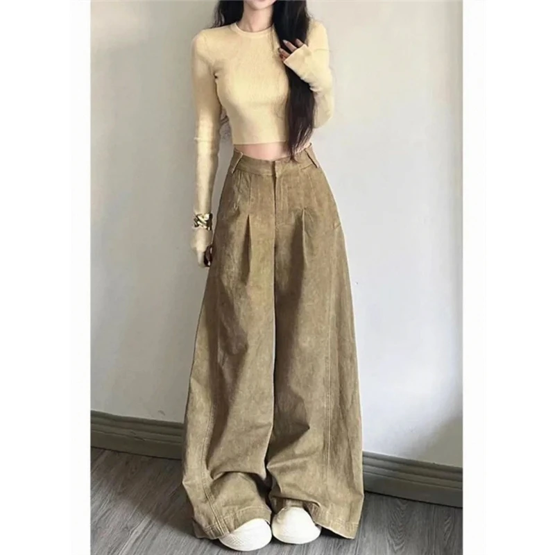 Retro American Washed Khaki Wide Leg Jeans Women's Spring Autumn Loose Lazy Loose Draping Floor-Length Pants