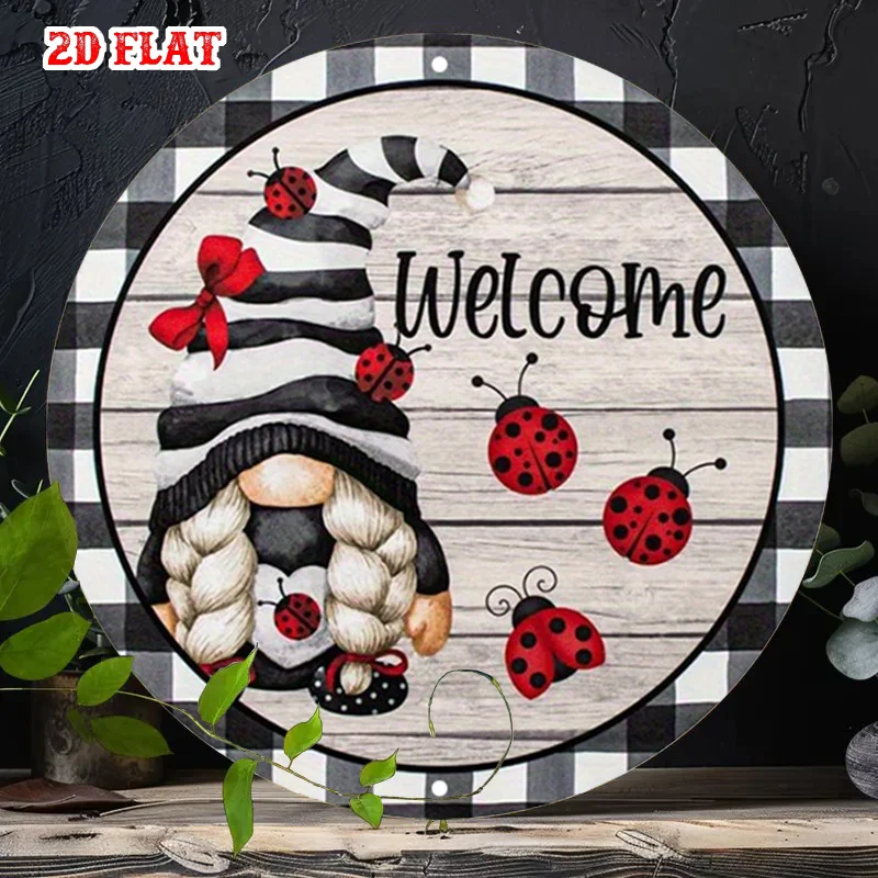 Welcome Gnome Round Aluminum Sign, Featuring a Ladybug Design, Perfect for Rustic Wall Art.