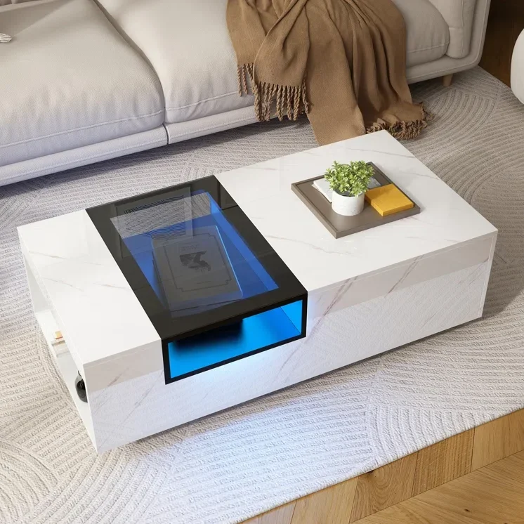 

-Marble Color LED Center Table UV Glossy Finish Living Room Center Table Stylish Easy-Assembly Side Storage Table