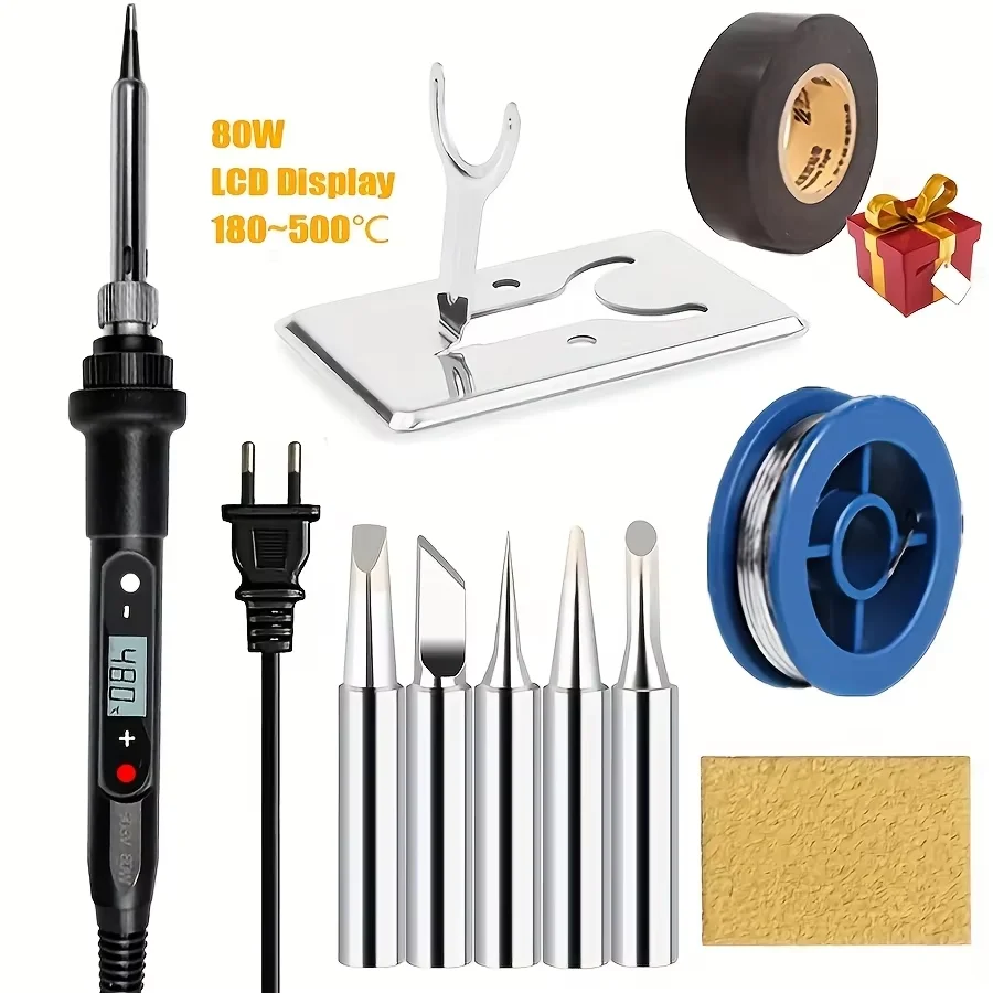 80W LCD Soldering Iron Kit,180‑500℃ Fast‑Heat Welding Tool,5 Solder Tips,Solder Wire,Stand,Sponge for Electronics DIY Repair