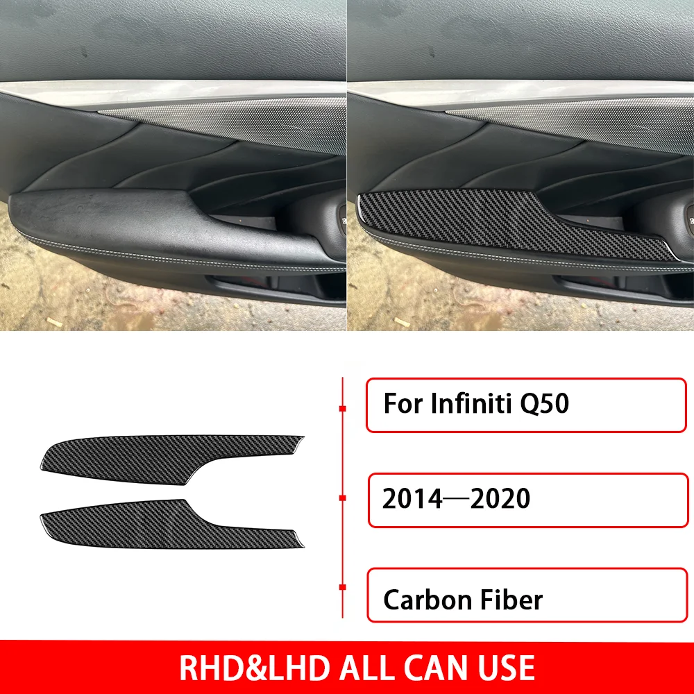 For Infiniti Q50 2014——2020 Real Carbon Fiber Car Door Armrest Sticker Hnadle Panel Cover Trim Interior Decorative Accessories