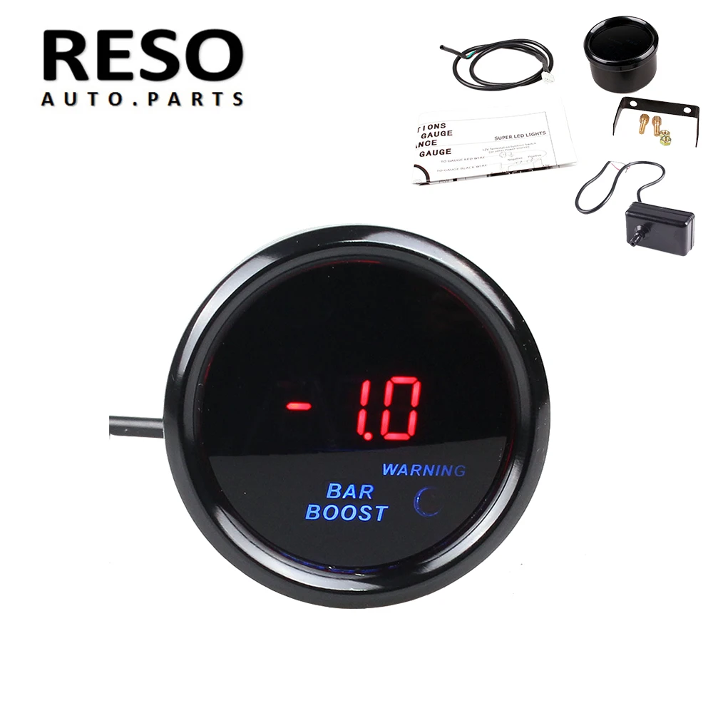 

RESO--2" Turbo Boost Gauge -1 to 2 Bar Digital LED Display Black Face 52mm Car boost Meter with Sensor 12V