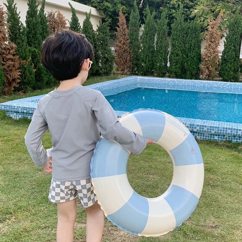 Boys Long Sleeve Swimsuit Swimming Cap Swimming Trunks Set Checkerboard Set