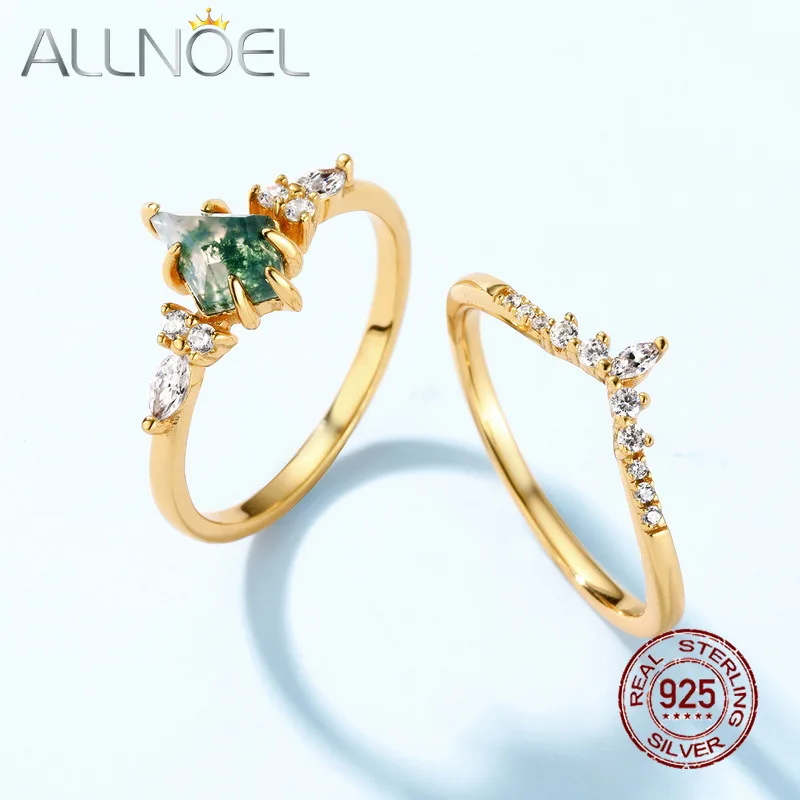 ALLNOEL 2 in 1 Rings Moss Agate 6*9mm Kite Cut Set 925 Sterling Silver CZ Wedding Vintage Promise Ring for Women Engagement Gift