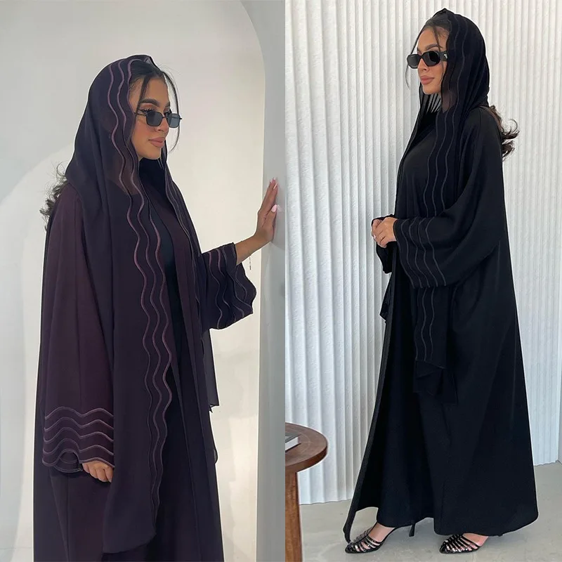 

2-Piece Abaya Set: Embroidered Wave Detail, V-Neck Open Front, Charcoal Grey – With Separate Matching Hijab