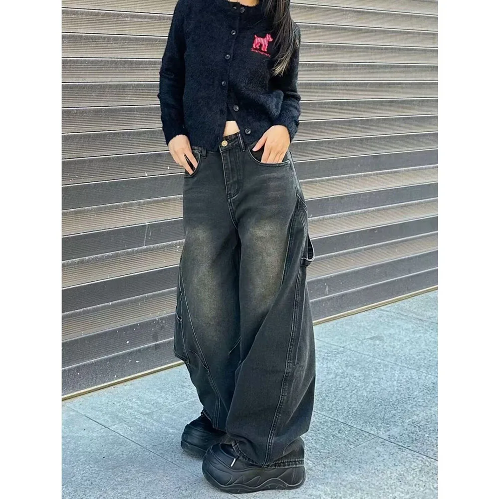 Black Letter Pattern Jeans Retro Style Wide Leg Pants Casual Denim Woman Trousers High Waist Long Pants Solid Color Jeans
