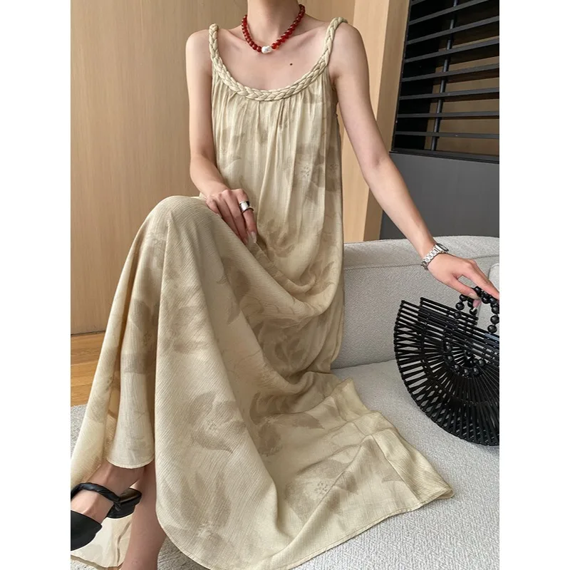 Ink Wash Holiday Sling Dress Women Summer Hand-woven Twisted Loose Fashion French Beach Sexy Sleeveless Printed Long Dress