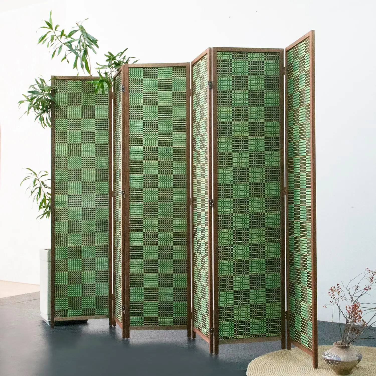 Bamboo Room Separation Folding 6 Panel Divider Screen Double Sided Emerald Square Height 67 Inch Width 94.5