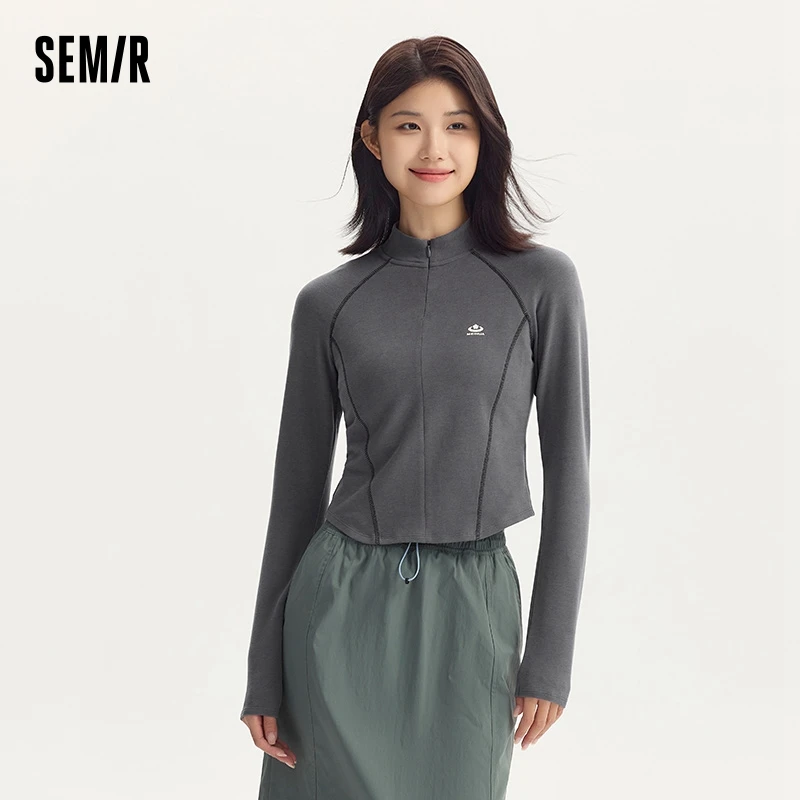 Semir Long Sleeve T-Shirt Women Short Plum Series Collar Tight 2024 Autumn New Brushed Top Shoulder Sleeve