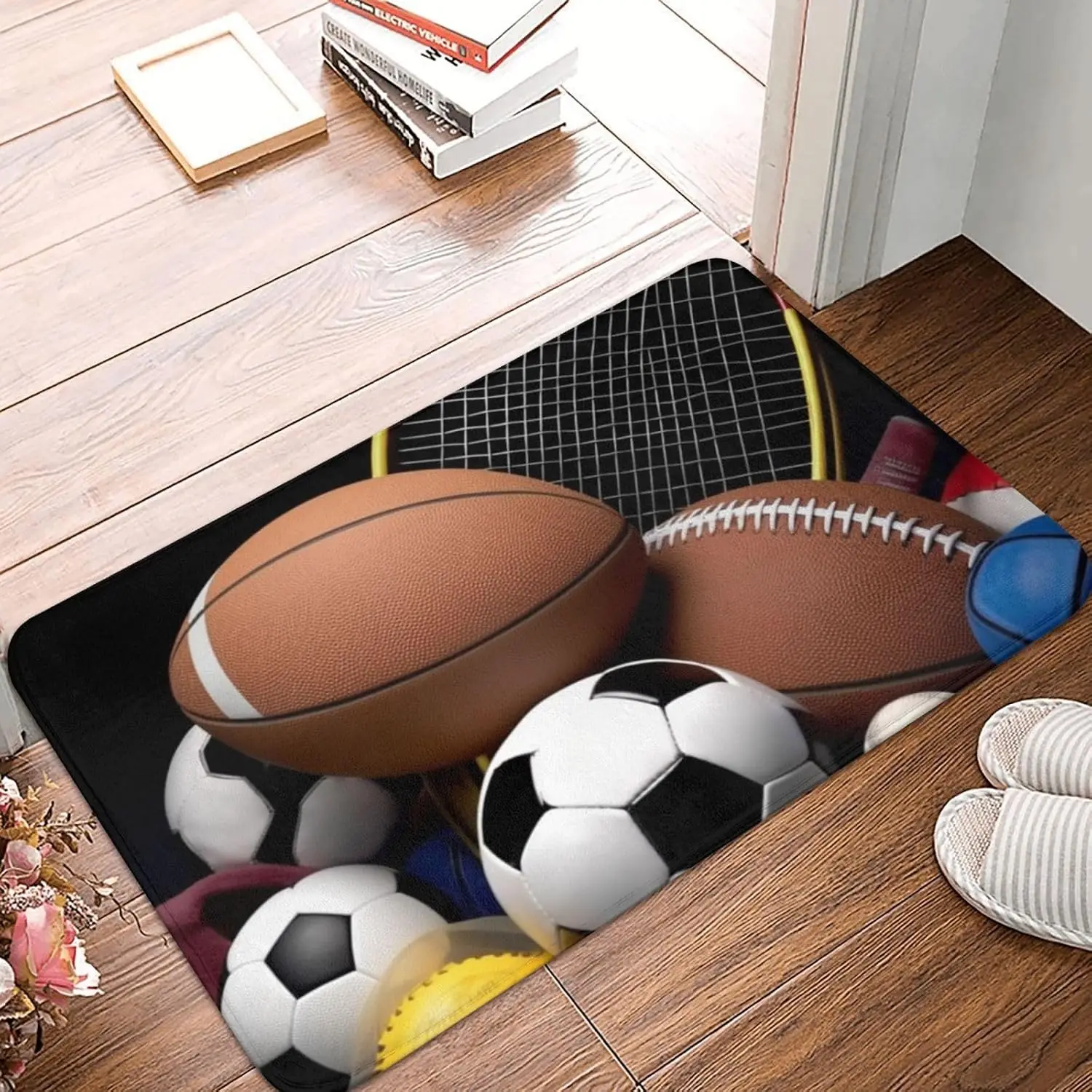 Mixed Sports Ball Door Mat, Soccer Football Tennis Racket Floor Mat Gym Athlete Entrance Rug Non-slip Washable Home Decor Carpet