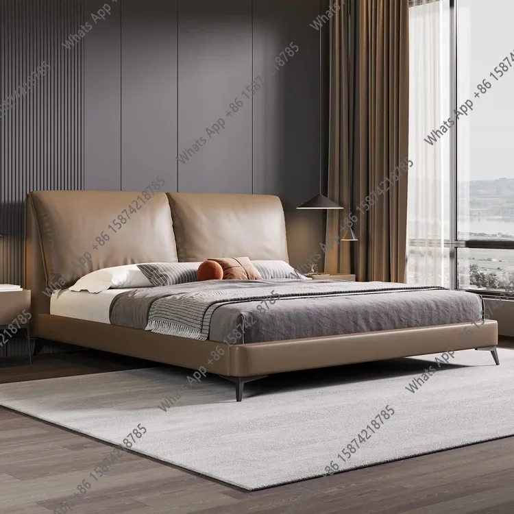

LP Italian minimalist first layer cowhide soft bag solid wood double bed solid wood bed leather art all leather light luxury