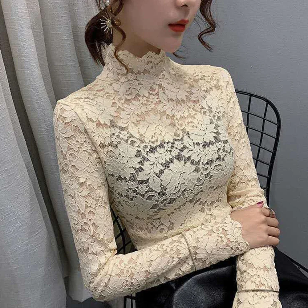 Sexy Women Long Sleeve Lace Blouses High Collar Inner Wear Lace Crochet T Shirt Base Tunic Top Perspective Vintage Bottom Blouse
