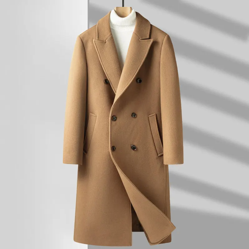 

Winter Men's Knee Length Double Breasted Youth Solid Color Coat Jacket